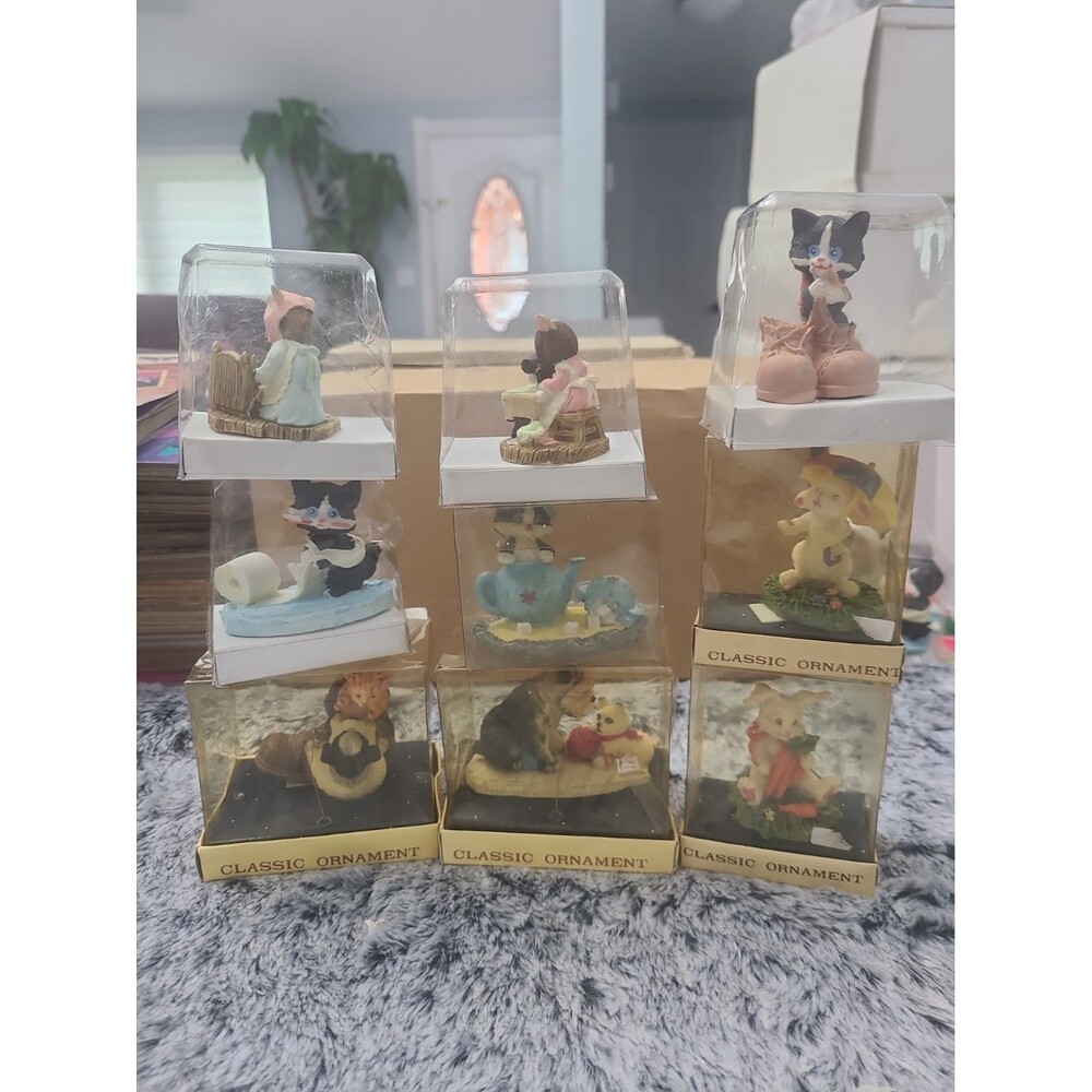 Vintage Miniature Animal Figurines Lot of 9 Classic Ornaments Cats Dogs Bunny &